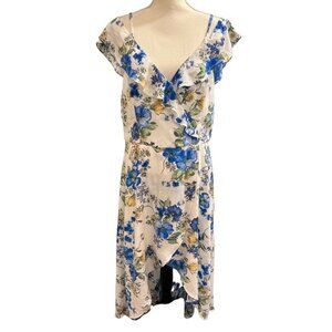 By‎ & By Dress Womens XXL White Blue Floral Chiffon Ruffle Asymmetrical Midi